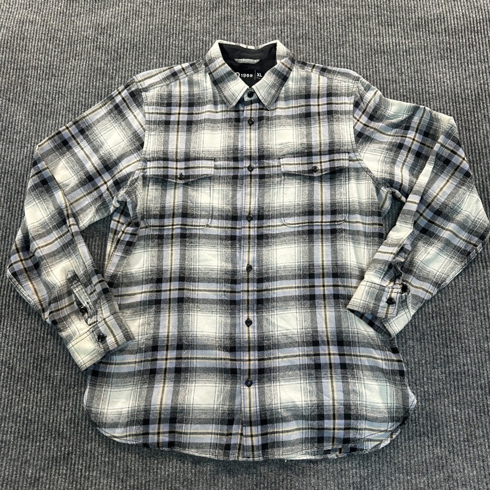 Gap Men 1969 Flannel Button Down Shirt XL Blue White Black Plaid Cotton Pockets